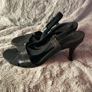 Donald J Pliner Black Leather & Stretch Dress Sandals Heels Narrow Size 8 N